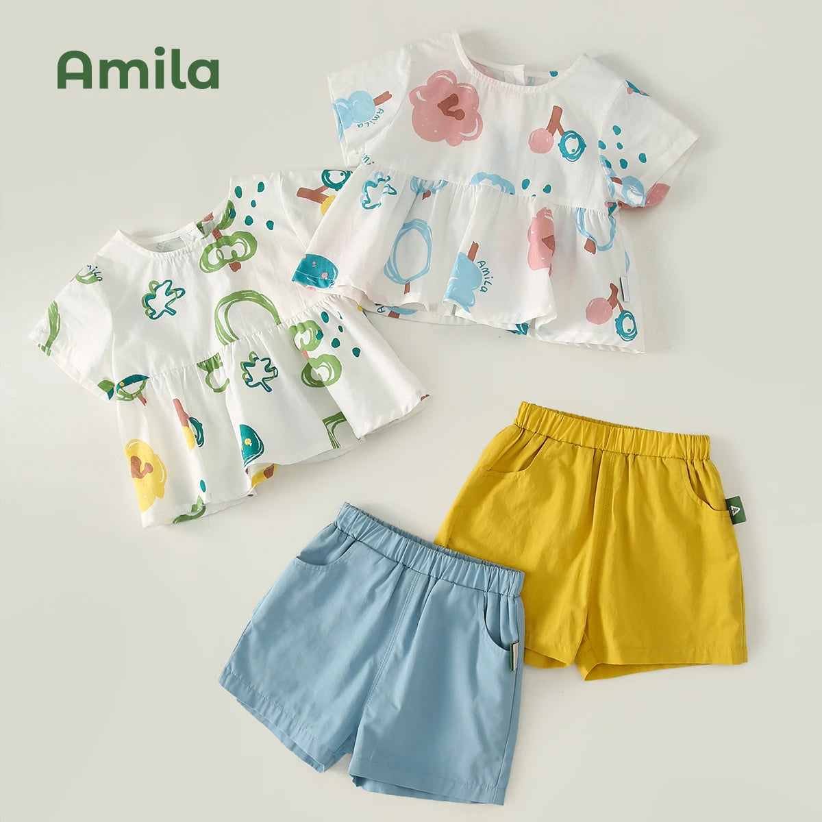 Amila Kids' 2023 Summer New  Baby Girls`Suit Cotton Light Shorts