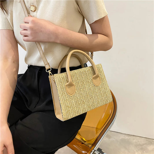 Summer Beach Straw Crossbody Bags Small Top-Handle Bags Handmade Woven Leather