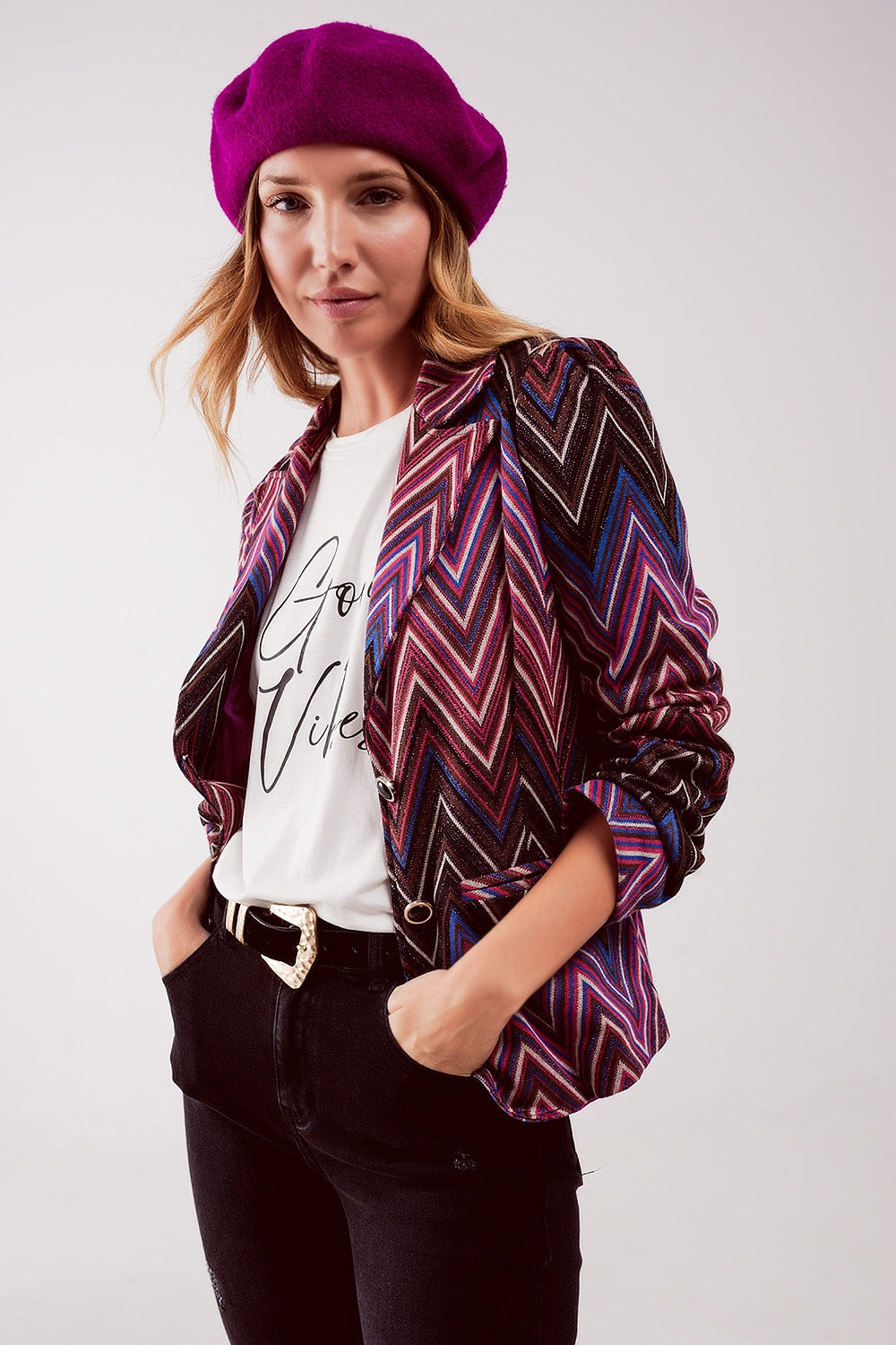 Retro Suit Jacket in Fuchsia Geo Print