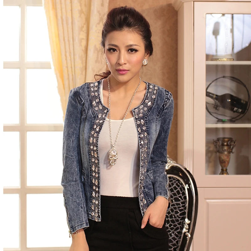 FMFSSOM New Spring Antumn Denim Jackets Vintage Diamonds Casual Coat