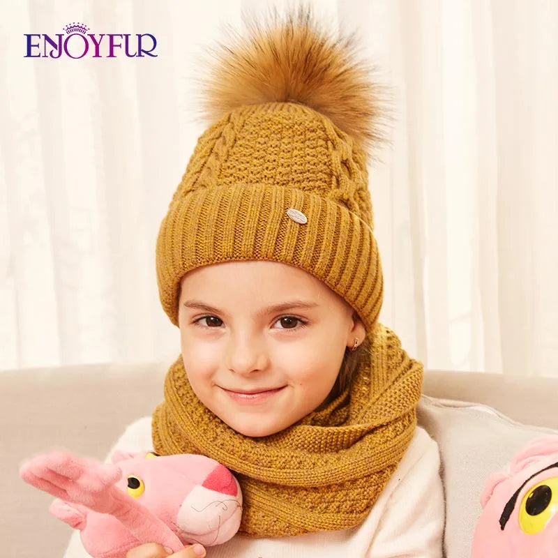 ENJOYFUR Winter Hat and Scarf Set for Girls High Quality Cotton Knitted Soft