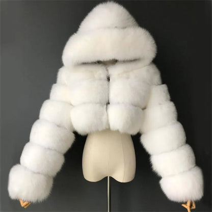 Winter Women Faux Fox Fur Thick Warm Full Sleeves Hooded Short Jacket