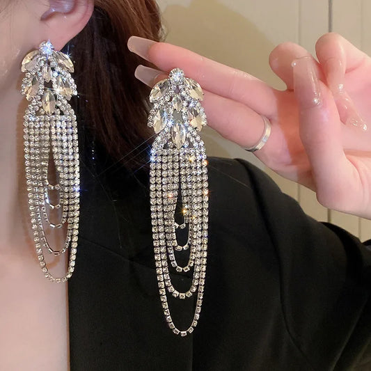 FYUAN Geometric Crystal Earrings Oversize Long Tassel Rhinestone Earrings