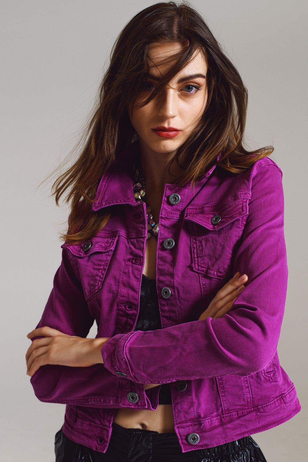 Slim Denim Trucker Jacket in Fuchsia