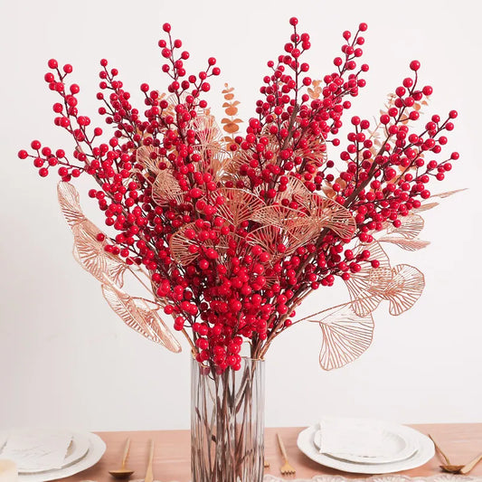 Artificial Red Berry Flowers Bouquet Fake Plant Vase Decor Ornaments New Year