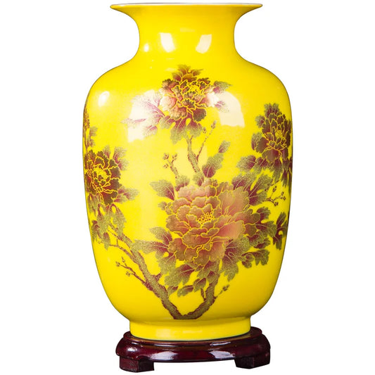 New Chinese Style Vase Jingdezhen Yellow Crystal Glaze Flower Vase Home Decor