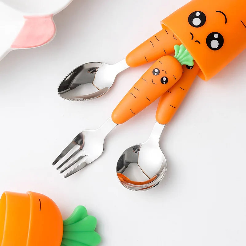 Children Carrots Tableware Set 3PCS Stainless Steel Spoon Fork Flatware