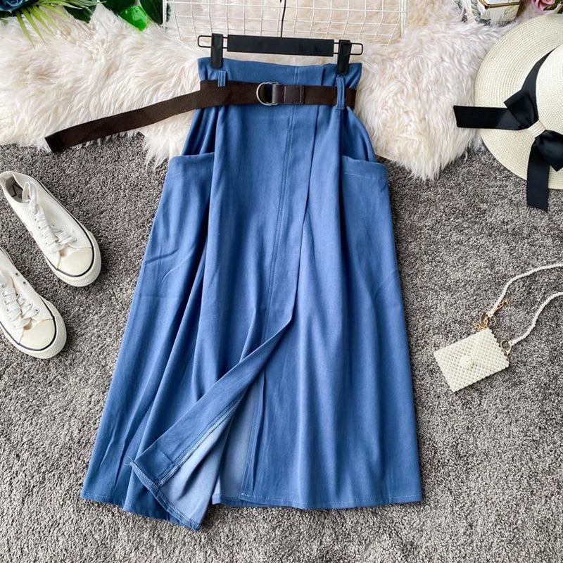 Slim High Waist A-Line Skirts Spring Summer Irregular Elegant Midi Korean Skirt