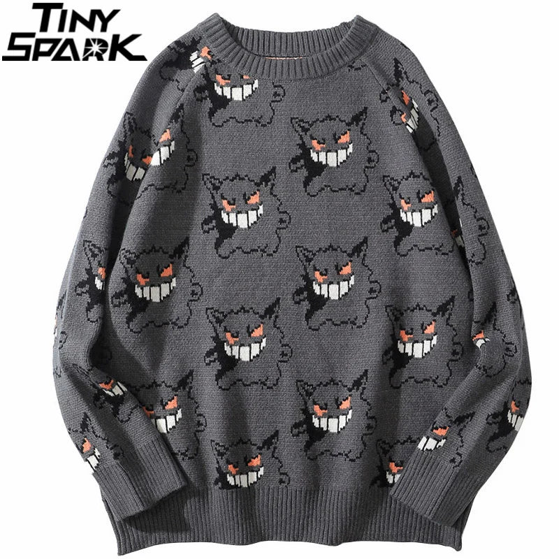 Men Knitted Sweater Hip Hop Streetwear Devil Print Pullover