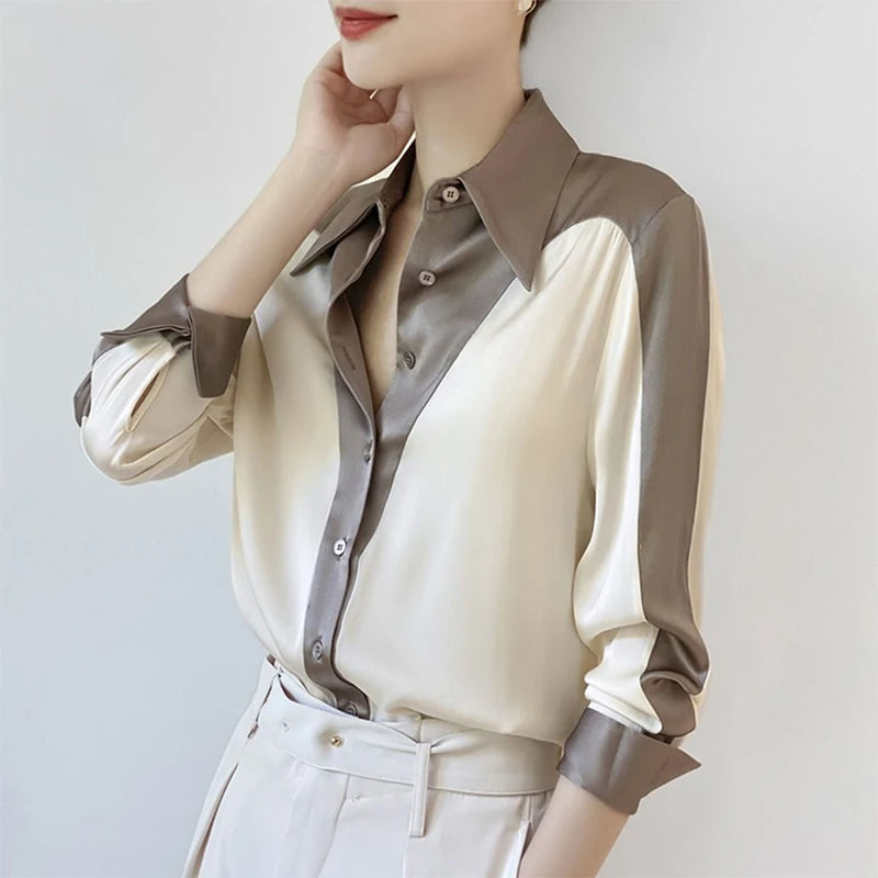 Summer Elegant Fashion Patchwork Buttons Shirt Ladies Long Sleeve