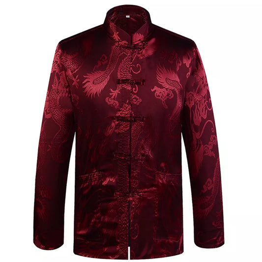 Brand Designer Chinese Traditional Men's Satin Mandarin Collar Dragon Silk Shirt