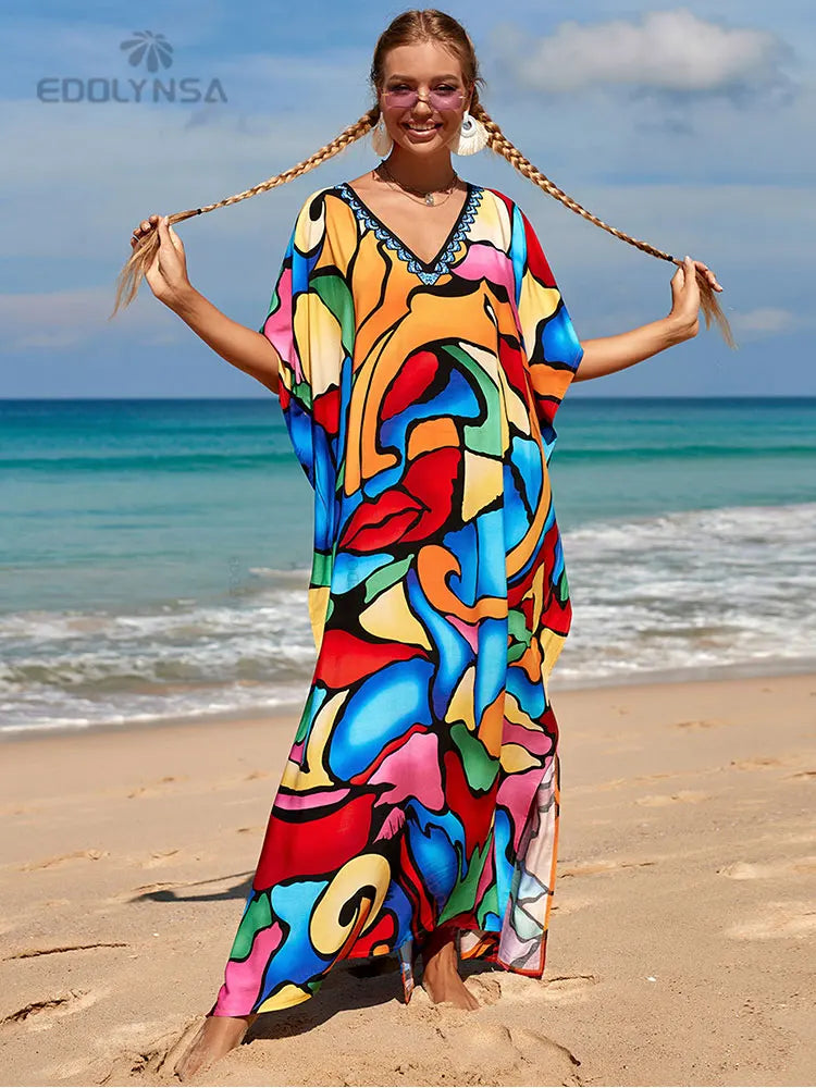 2023 Multicolored Kaftan Bohemian Printed V-Neck Batwing