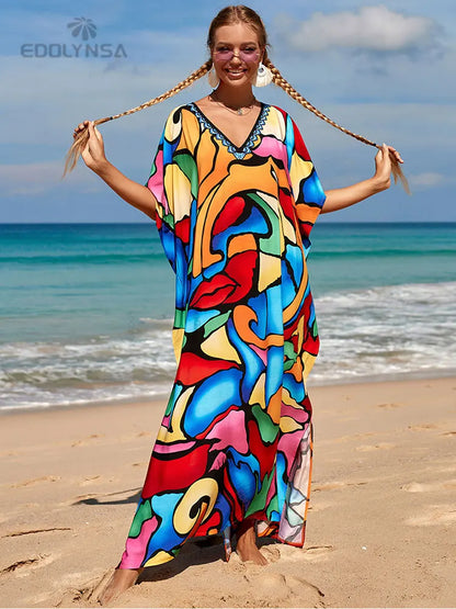 2023 Multicolored Kaftan Bohemian Printed V-Neck Batwing