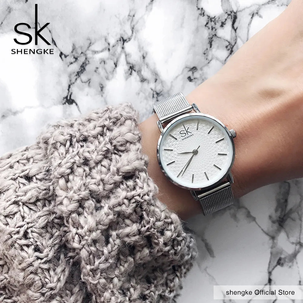 SK Super Slim Sliver Mesh Stainless Steel Watches Women Top