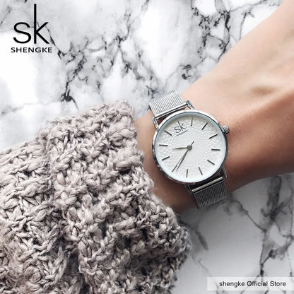 SK Super Slim Sliver Mesh Stainless Steel Watches Women Top