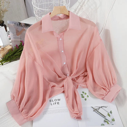 HELIAR Chiffon Shirts Women Half Sleeve Button Up Chiffon Blouses