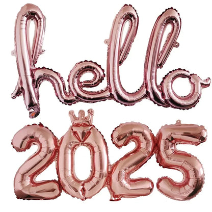 2025 Happy New Year Balloons Banner Rose Gold Number Letter Aluminum Foil