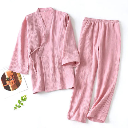 Men and Women 100% Cotton Pajamas Plus Size Loose Bathrobes V-Neck Kimono