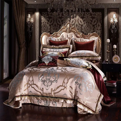 Golden Silk Cotton Luxury Satin Jacquard Bedding Set Queen