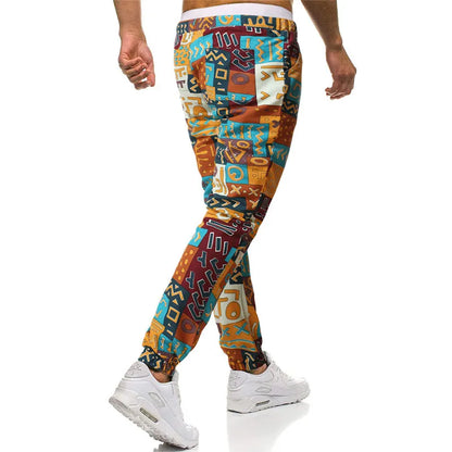 Mens Cotton Linen Joggers Sweatpant African Dashiki Print Trousers Jogging Pants