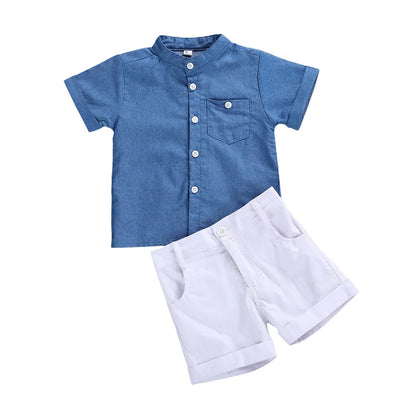 1-6Years 2 Pieces Kids Suit Set, Solid Color Stand Collar Short