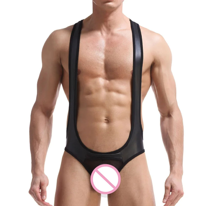 Sexy Mens Undershirts Jockstrap Mesh Leather Jumpsuits Wrestling Singlet