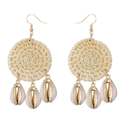 New Beach Sea Natural Shell Charms Bamboo Braid Drop Earrings Bohemian Rattan