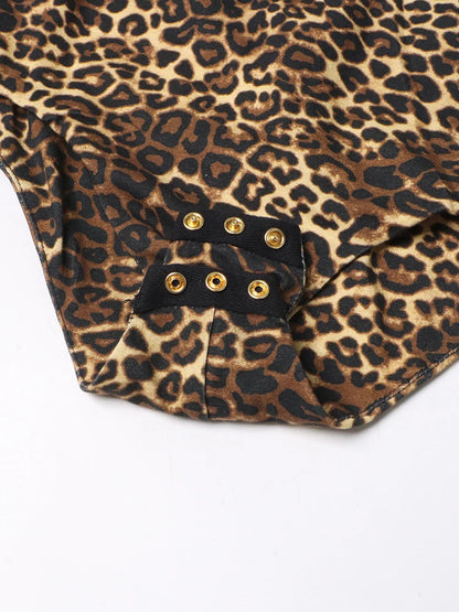 TWOTWINSTYLE Colorblock Leopard Printing Slimming Bodysuists