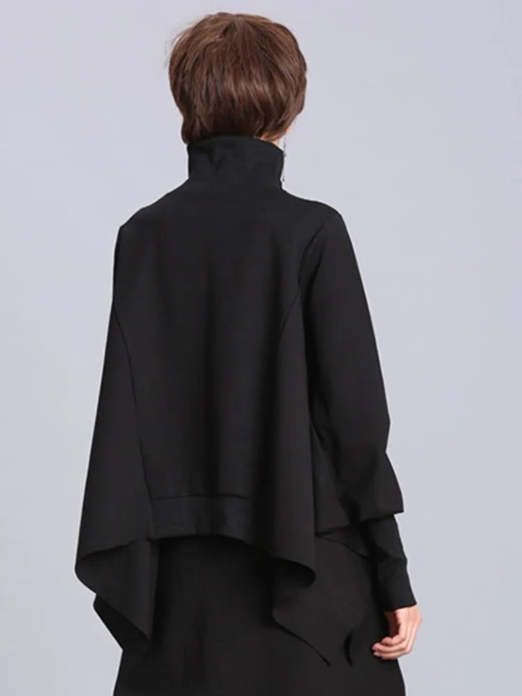 [EAM] Loose Fit Black Asymmetrical Big Size Sweatshirt Turtleneck Long Sleeve