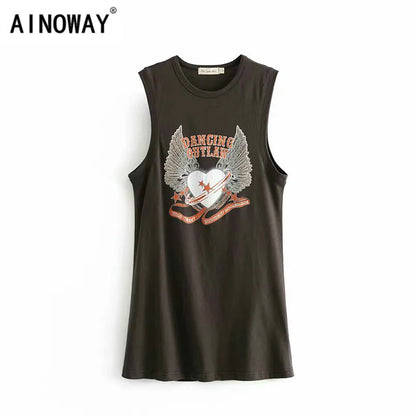 Boho Fashion Women Sleeveless Cartoon Print Tanks Loose Camo Tank Tops Collar