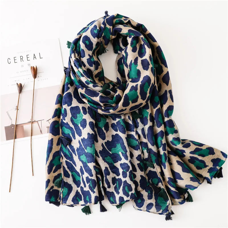 Autumn Winter Leopard Dot Tassel Viscose Shawl Scarf Women Print Neckerchief