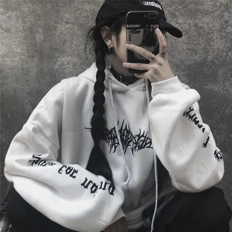 Women Loose Streetwear Black Sweatshirt Knitted Hooded