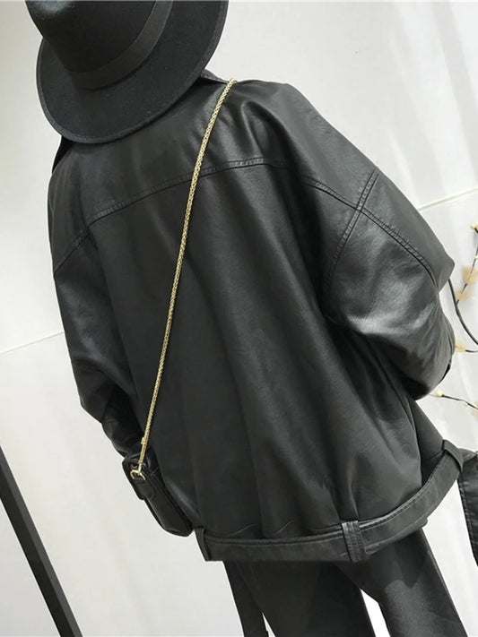 [EAM] High Quality 2024 Spring Black PU Leather Loose Turn-Down Collar Zipper