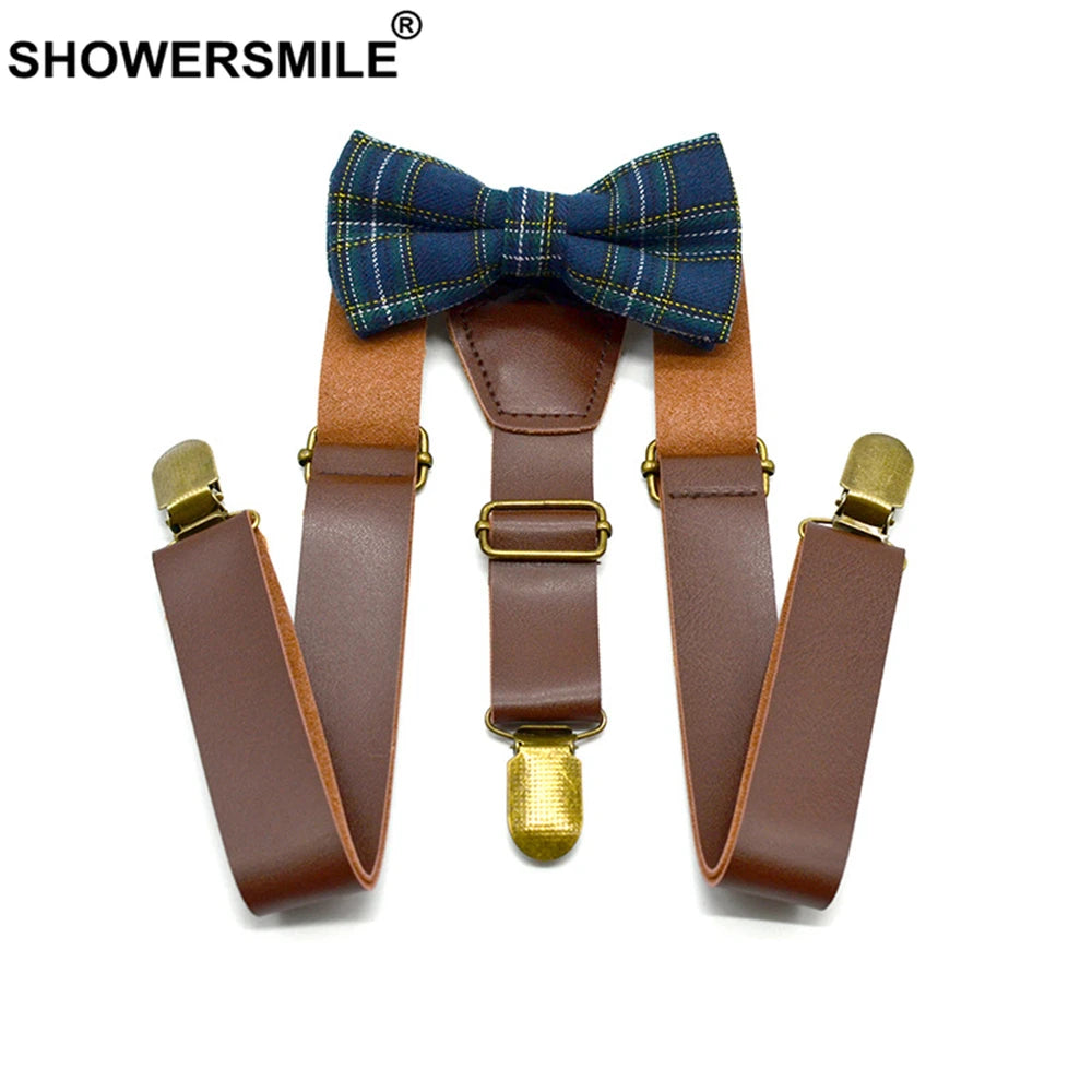 SHOWERSMILE Kids Suspenders With Bow Tie Leather British Style Boys Suspenders