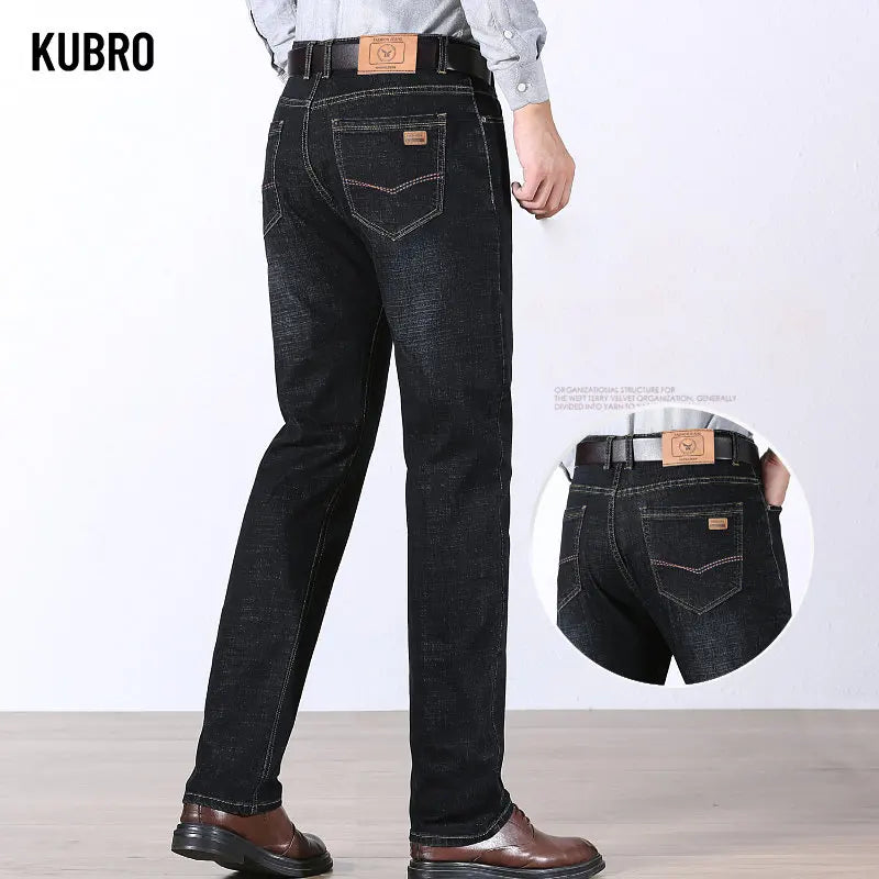 KUBRO Spring Jeans Men Cotton Business Casual Straight Stretch Denim Trouser