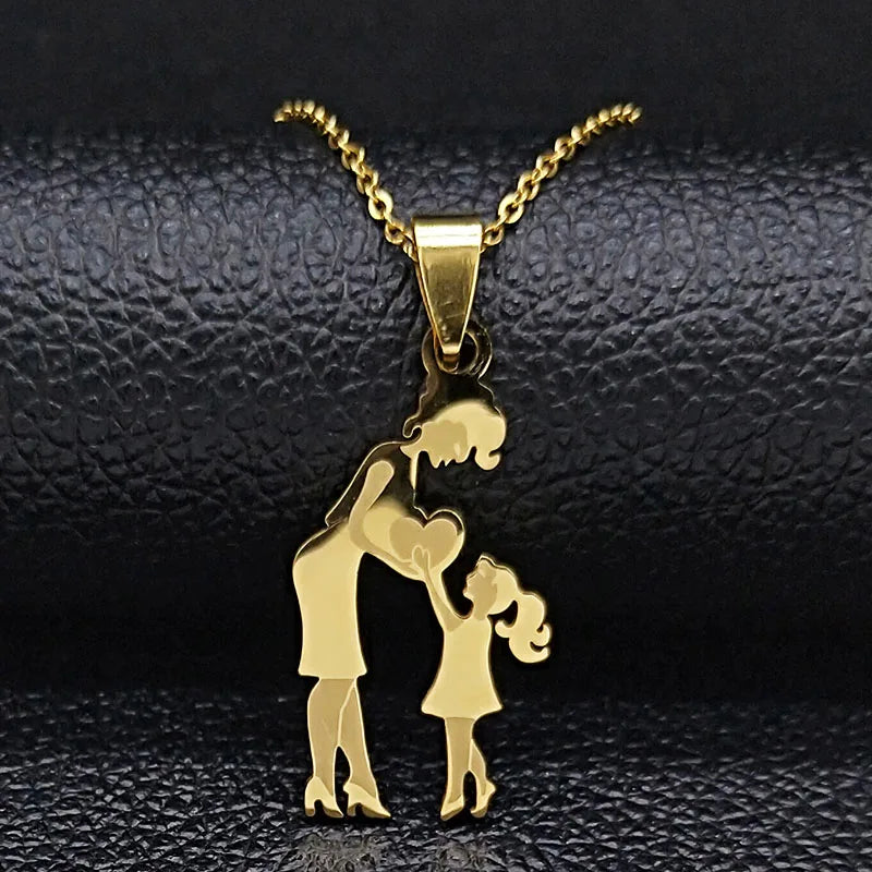 Mom Daughter Family Necklace Stainless Steel Chain Children Kid Silver