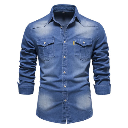 Fashion Autumn Cotton Denim Shirts Men Casual Long Sleeve Quality Cowboy Shirt