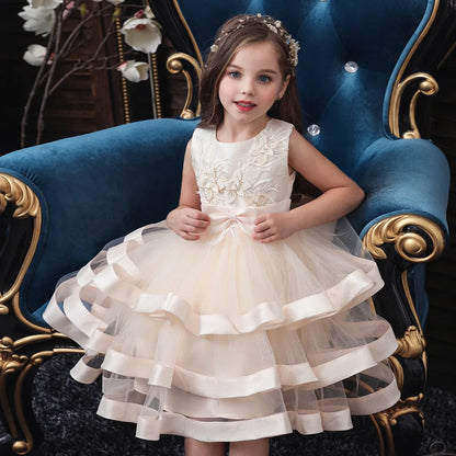 Embroidered Flower Girls Dress Sleeveless Layered Tutu Elegant Girls Dresses