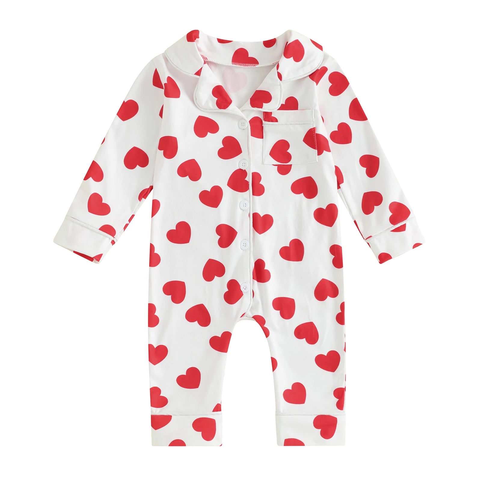 0-24m Baby Pajamas Jumpsuits Heart Print Lapel Button Up Girls Sleepwear