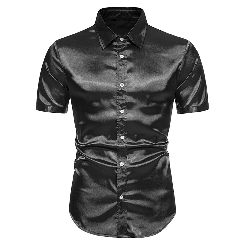 Men's Slim Fit Silk Satin Dress Shirts Wedding Groom Stage Prom Shirt