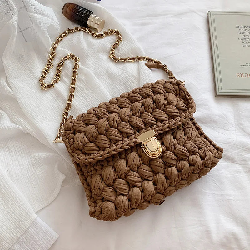 Bags for Women Hand Woven Bag Strip Thread Hook Knitted Women's Shoulder