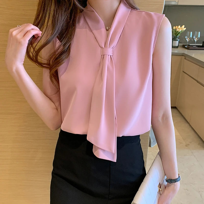 Women's Shirt Pink Ribbon Blouses for Women Sleeveless Summer Shirts Female