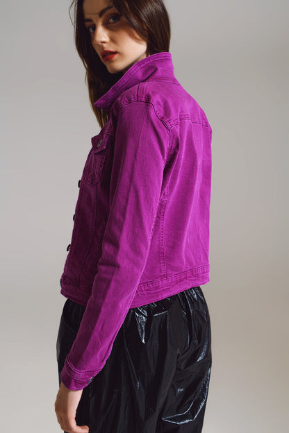 Slim Denim Trucker Jacket in Fuchsia