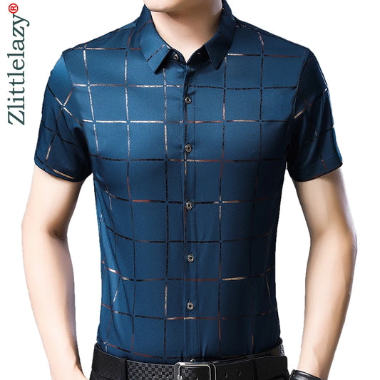 2022 Brand Casual Summer Luxury Plaid Short Sleeve Slim Fit Men Shirt