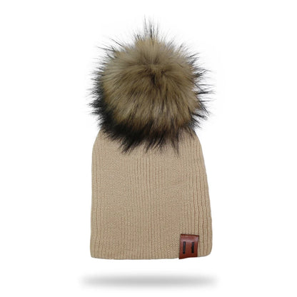 Winter Kids Boy Girl Leather Labled Knitted Artificial Raccoon Pompom Hat