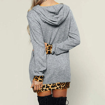 Women Hooded Warm Long Hoodies Long Sleeve Hoodies Winter Leopard Sweatshirts