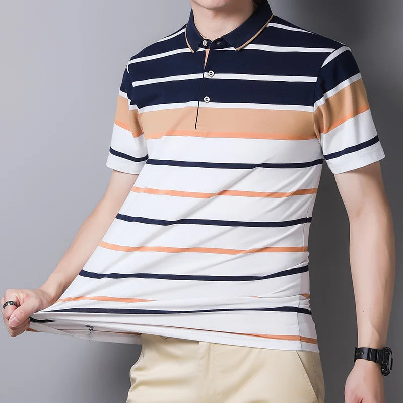 ANSZKTN Summer Men's Stripes  Lapel Short Sleeve T-Shirt Polo Men Shirt