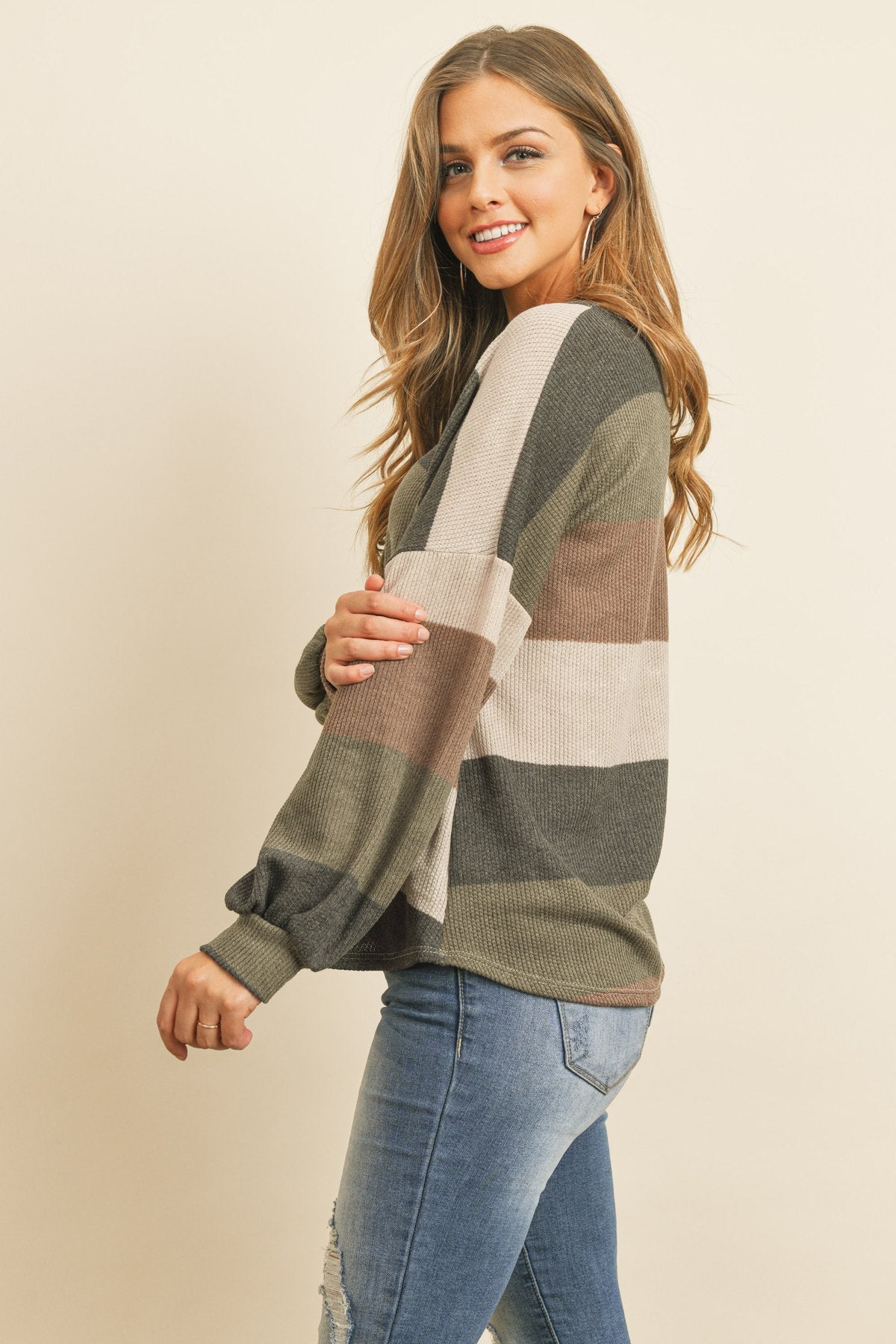 Rib Multicolor Stripes V-Neck Puff Sleeves Top