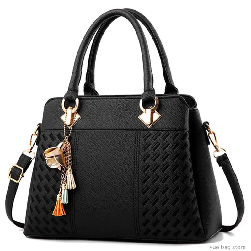 Women Handbags Fashion Black PU Leather Tassel Totes Bag Top-Handle Crossbody