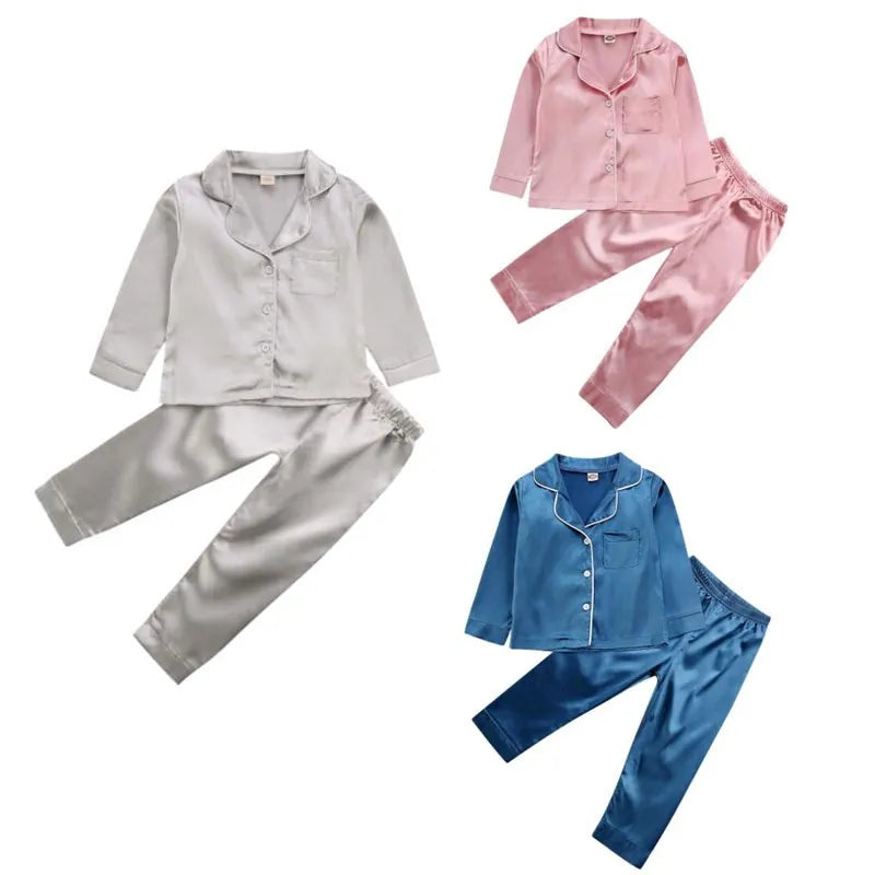 1-7y Child Kids Baby Boy Girls Pajama Sets Long Sleeve v Neck Tops Pants Solid